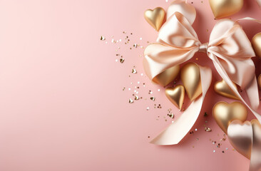Gold hearts and ribbons on pink background, in the style of soft pastel, gold