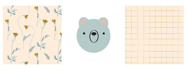 Seamless pattern with bear face and flowers  on beige background. Nursery wallpaper, textile or wrapping paper vector illustration.