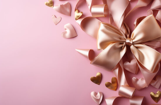 Gold hearts and ribbons on pink background, in the style of soft pastel, gold