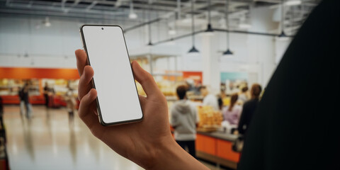 CU 30s Caucasian male holding a phone in grocery store, blank screen