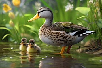 Mallard female with little ducklings in the lake