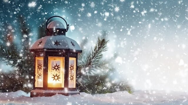 video of glowing christmas candlelight lantern decoration on snowy winter landscape with snow flakes falling during winter time on christmas eve (contains AI generated images)