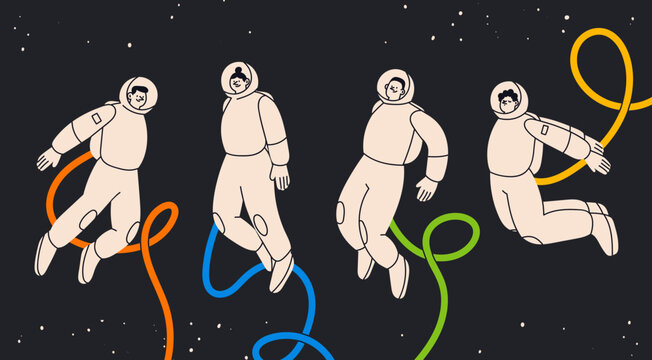 People flying in outer space in white space suits. Astronaut or spaceman. Cute characters. Cartoon flat style. Hand drawn Vector illustration. Isolated design elements. Exploration, discovery concept 