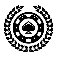 Poker chip logo and laurel wreath. Spades sign. Gambling emblem. Casino games.