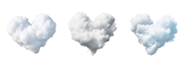 Valentine’s Day Special: White Clouds Shaped as Hearts Set, Isolated on Transparent Background, PNG