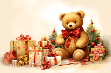 Bear with gift box and pine for Christmas present theme
