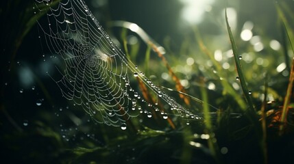 A delicate spiderweb glistening with dewdrops, capturing the intricate beauty of nature's smallest creatures.