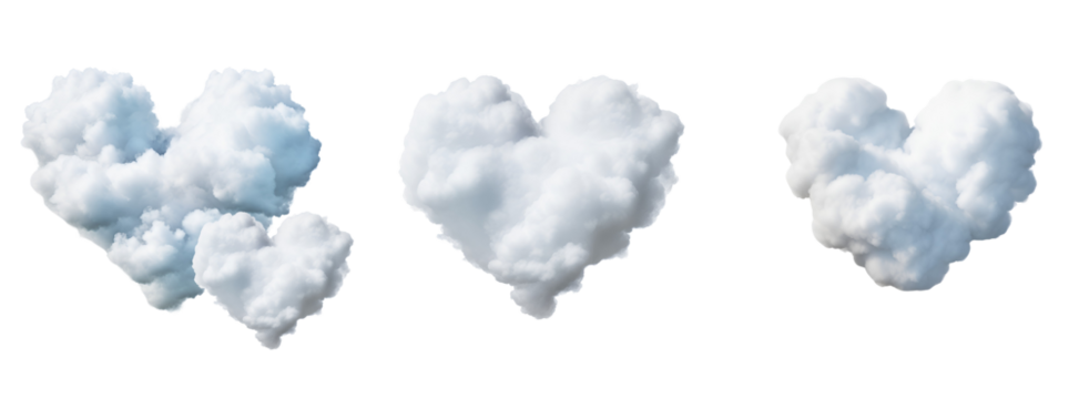 White Clouds Shaped Like Hearts: A Valentine’s Set, Isolated on Transparent Background, PNG