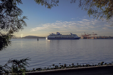 Luxury cruiseship cruise ship liner Summit arrival sail into port of Vancouver, BC Canada from...