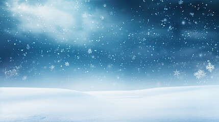 Beautiful wide background image of light snowfall falling over of snowdrifts, snowy weather