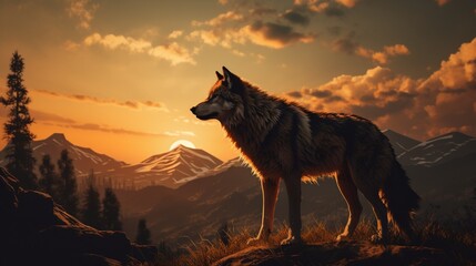 A lone wolf silhouetted against the golden hues of a setting sun in a vast wilderness. Keywords