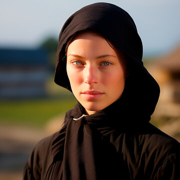 Amish woman portrait, serene expression, rural backdrop.
