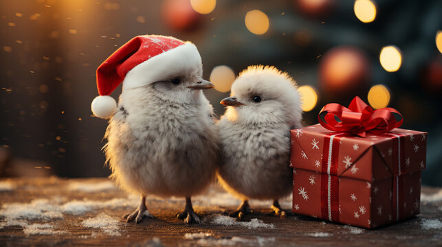 Little Gull Chicks Birds in Santa Claus Hat with Red Gift Box on Festive Christmas Background. Bokeh Light Effect.