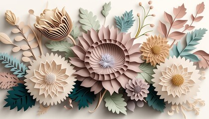 Floral trendy abstract background with 3d paper flowers - obrazy, fototapety, plakaty