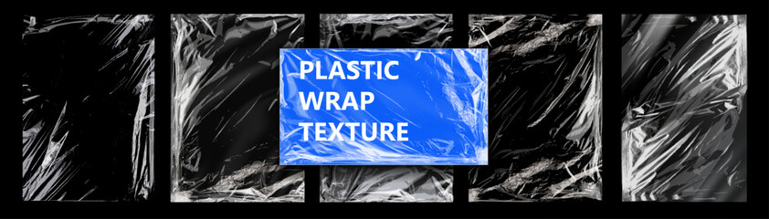 Сollection of plastic wrap texture for background and photo overlay effect. Realistic mockup of clear polyethylene. Plastic Wrap Textures for Creative Backgrounds and Overlays. Vector illustration - obrazy, fototapety, plakaty