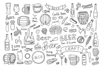 Trendy big set with beer and snacks in doodle style. Glass of beer, mug with beer, barrel, lid, pistachios, crayfish, bacon, fish, meat steak, sausages. Great for bar menu design, packaging, pub.