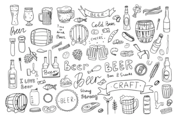 Foto op Aluminium Trendy big set with beer and snacks in doodle style. Glass of beer, mug with beer, barrel, lid, pistachios, crayfish, bacon, fish, meat steak, sausages. Great for bar menu design, packaging, pub. © Natalia