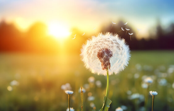 dandelion flower heart shape over nature blurred background summer day