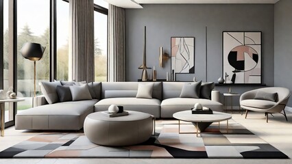 Modern Drawing Room with Gray Sectional Sofa and Abstract Art in Neutral Colors