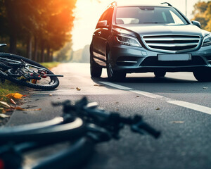 accident involving a car and a bicycle, road safety, compliance with traffic rules - obrazy, fototapety, plakaty
