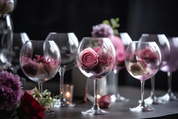 Aesthetic Arrangement of Wine Glasses in Varying Shades of Pink on a Pink Background. Generative AI.