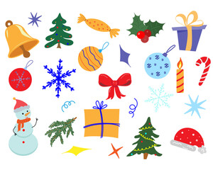 Icon set New Year's and Merry Christmas vector illustrations. Hand-drawn, isolated on a white background. A design element for postcards, prints, scrapbooking and packaging. Chistmas icon vector flat