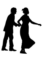 Young people are dancing in a nightclub. Isolated silhouettes on white background