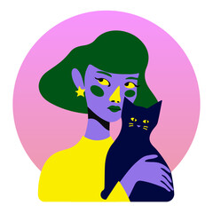 Flat minimalistic illustration of young beautiful woman with green hair holding black cat, cartoon style