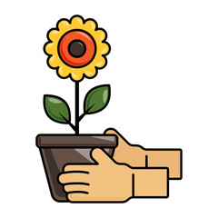 hand holding flower pot concept, greens keeper moving plant vector icon design, Shrubs and Trees symbol, Plants and Flowers sign, Landscaping and Garden Tools stock illustration