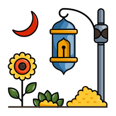 Decorate Public Spaces with Hanging Street Lights concept, sunflower and moon vector icon design, Shrubs and Trees symbol, Plants and Flowers sign, Landscaping and Garden Tools illustration