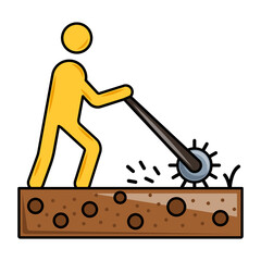 cultivation tiller with farmer concept, break up hard and compact soil vector icon design, Shrubs and Trees symbol Plants and Flowers sign Landscaping and Garden Tools stock illustration