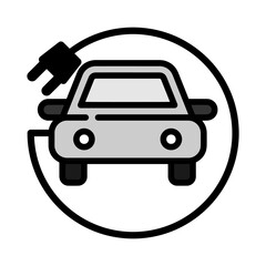 Black electric car with plug icon. Recharger battery station for automobile