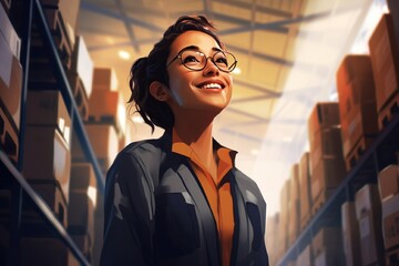 Happy Female Warehouse Employee Looking Away with Content Smile