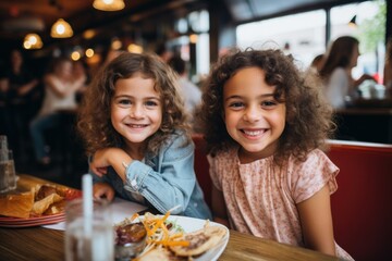 Smiling Young Sisters Enjoying a Meal Together at a Busy Diner
