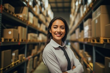 Happy Female Warehouse Employee Looking Away with Content Smile