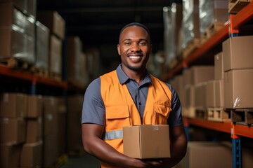 Fototapeta premium Happy Male Warehouse Worker Holding Box and Smiling at Camera