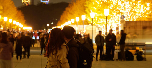 冬の東京駅前の繁華街のイルミネーションの夜景と観光客の姿
