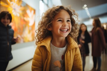 Gleeful childhood: a young girl's joyful moment at an art gallery

child, girl, smiling, happy, art gallery, joy, curly hair, yellow jacket, childhood, laughter, cheerful, museum, bright, youth, inn - obrazy, fototapety, plakaty