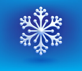 White snowflake on a blue background. 3d vector realistic icon of ice crystal. Christmas and New Year decoration, symbol of winter season, cold, frost. Design element for meteorology, weather report - 693045185