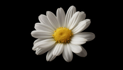 Vibrant yellow chamomile blossom, on black background, macro shot generated by AI