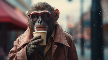 A monkey holding a cup of coffee