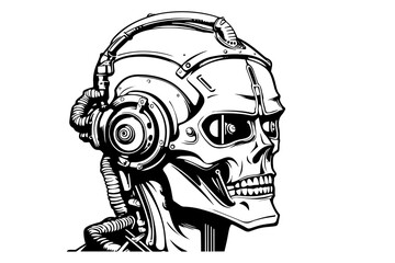 Hand-Drawn AI Robot Cyborg in a Timeless Vintage Engraved Style. Vector Illustration.