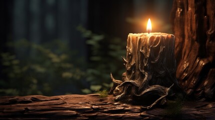 A lit candle sitting on top of a piece of wood