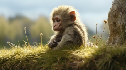 A small monkey sitting on top of a lush green field