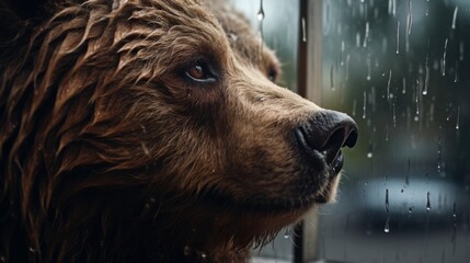 A brown bear looking out a window in the rain