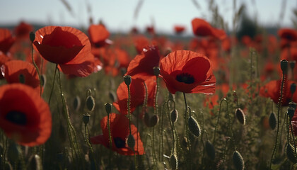 Obraz premium Vibrant wildflowers bloom in idyllic meadow at dawn sunrise generated by AI