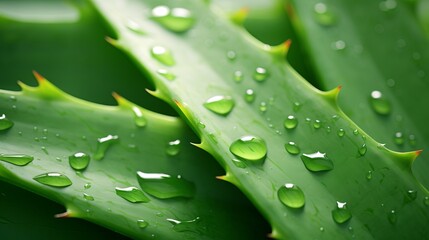 A close up of a green plant aloe vera with water drops - obrazy, fototapety, plakaty