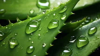 Fotobehang A close up of a green plant aloe vera with water drops © NK