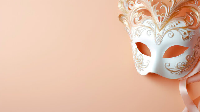 venetian carnival mask in the color of the year  2024 peach fuzz , with copy space 