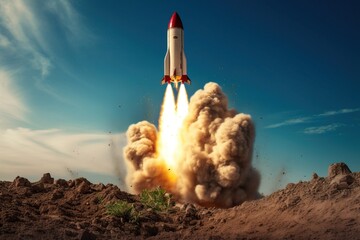 Rocket Launching Off the Ground with Fiery Thrust and Smoke Trail - obrazy, fototapety, plakaty